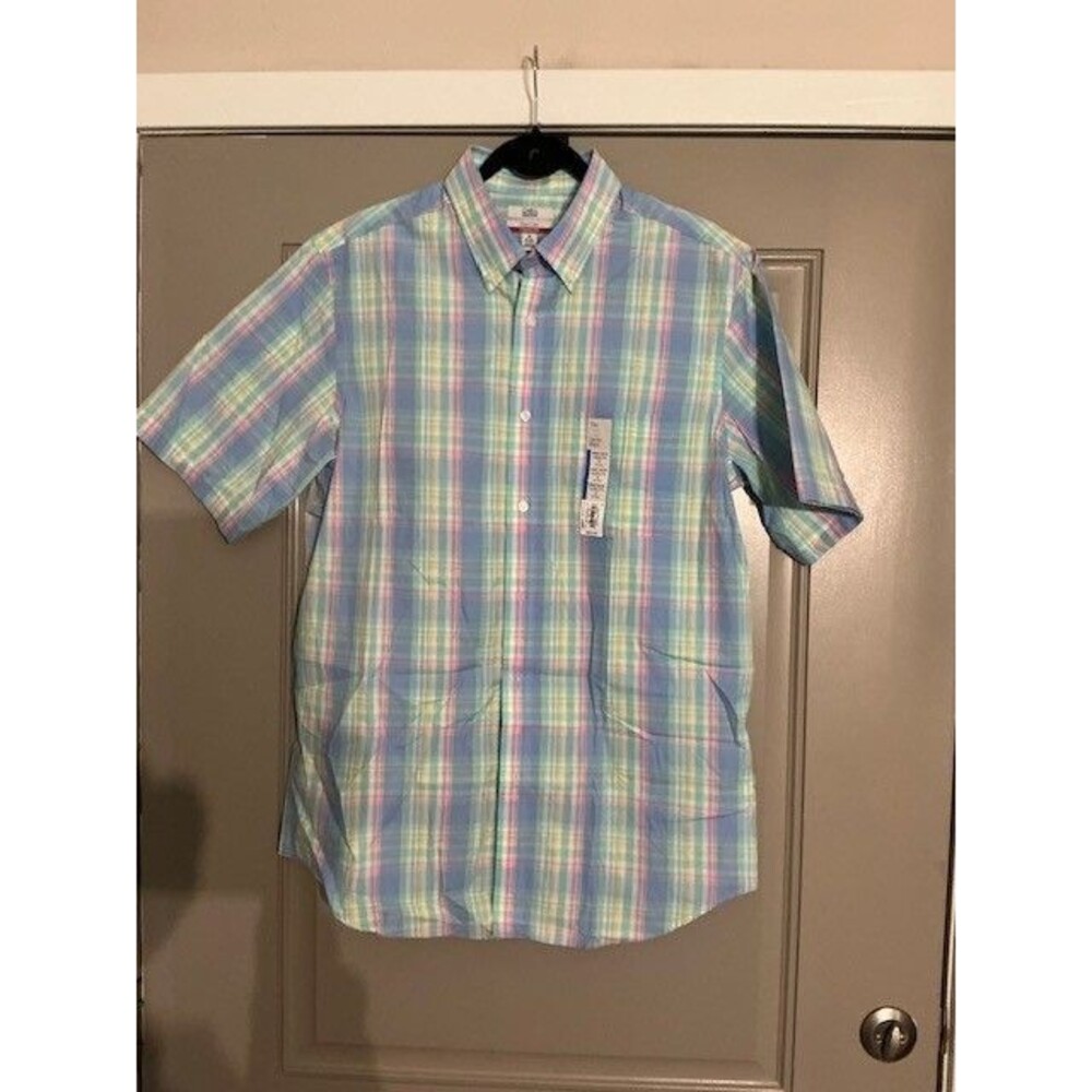 Croft & Barrow easy care short sleeve classic fit plaid Pastel Shirt-M 15-15 1/2